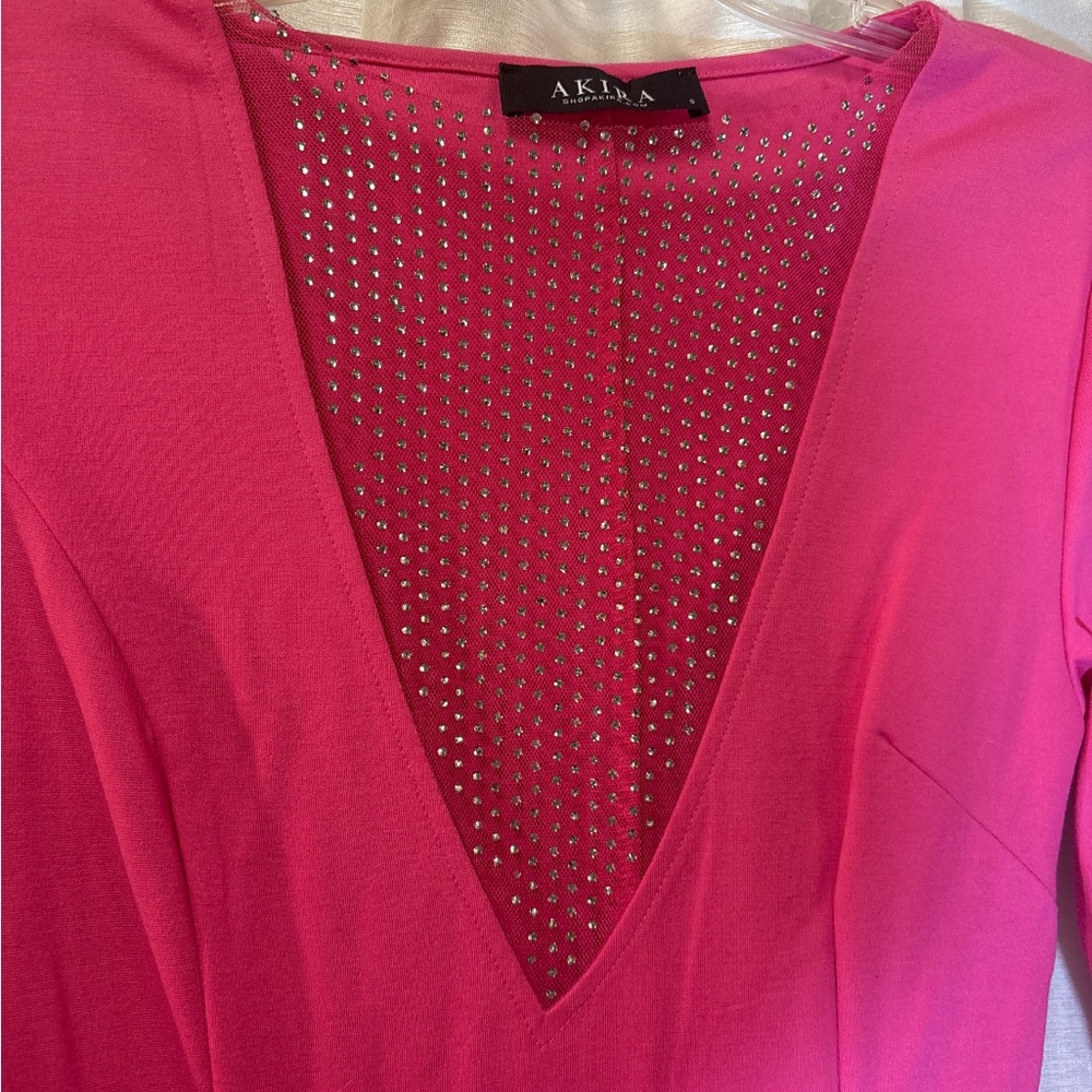 AKIRA Hot Pink Feather Rhinestone Mini Dress S Slit Party Cocktail - Picture 4 of 13